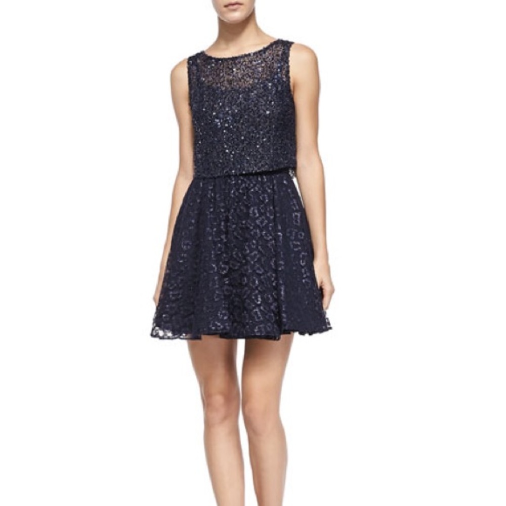 Alice + Olivia Blue Hilta Beaded Flare Dress